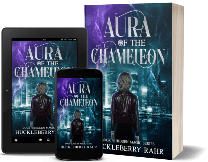Aura of the Chameleon book in three formats, book, tablet, and on a phone